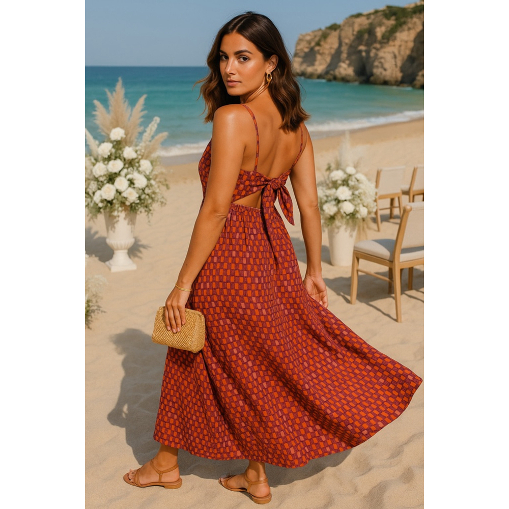 Universal Thread Midi Dress Tie-Back Button Euro Summer Scandi Coastal Cowgirl